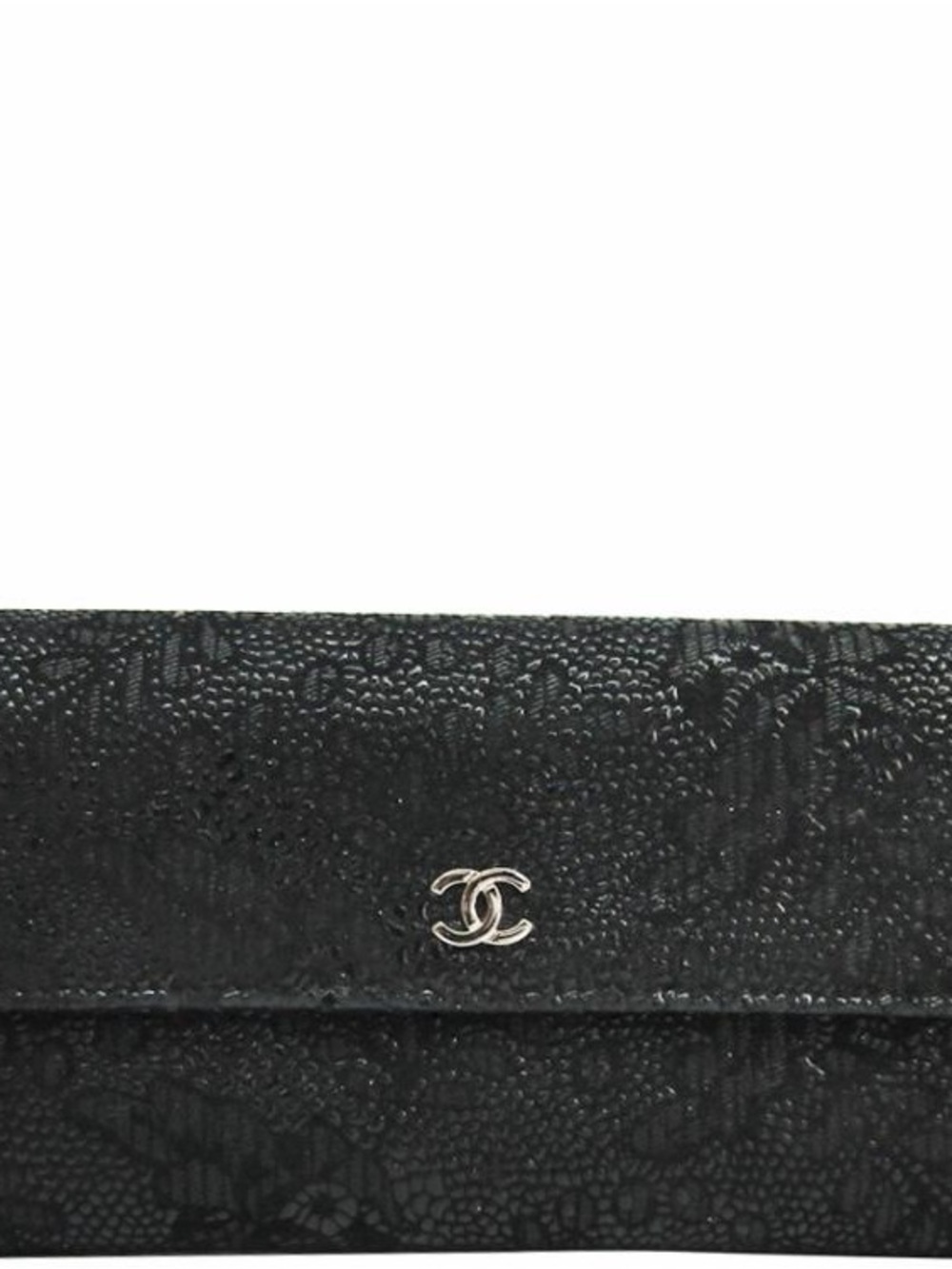 CHANEL Black Lace-Textured Continental Wallet with Silver CC Logo
